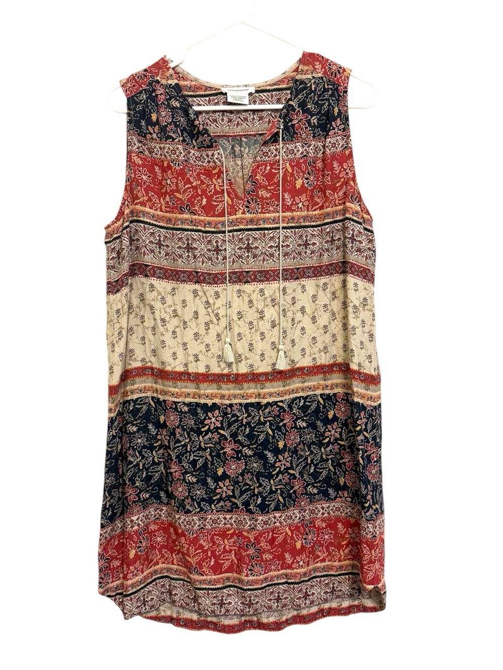 2/$30 BeachLunchLounge Boho Floral Border Print Sleeveless Tassel Dress L